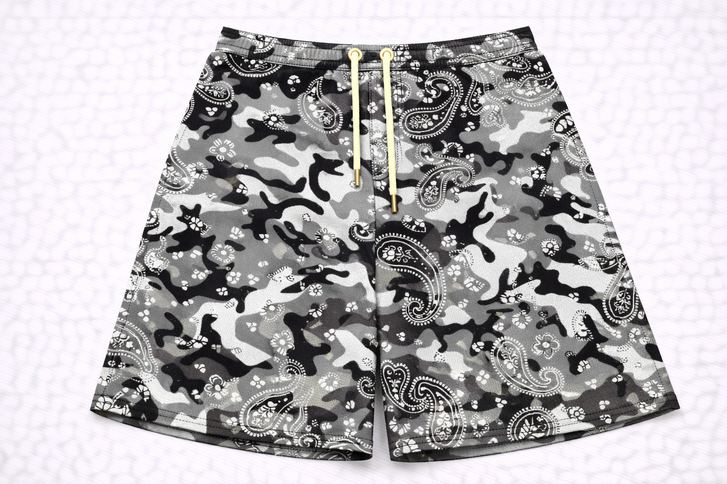 ASYLUM CO. STATIC CAMO X PAISLEY SATIN MESH SHORTS