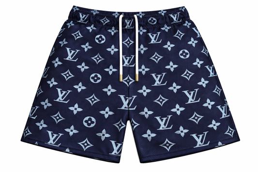 ASYLUM CO. DEEP BLUE MONOGRAM SATIN MESH SHORTS