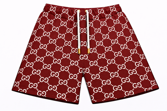 ASYLUM CO. GUCCI MONOGRAM RED/WHITE SATIN MESH SHORTS
