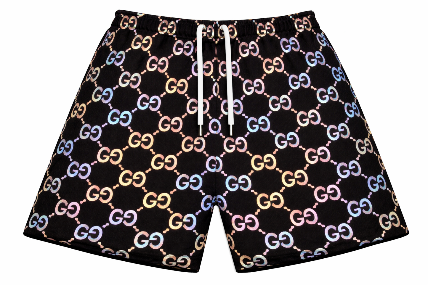 ASYLUM CO. GUCCI MONOGRAM IRIDESCENT SATIN MESH SHORTS
