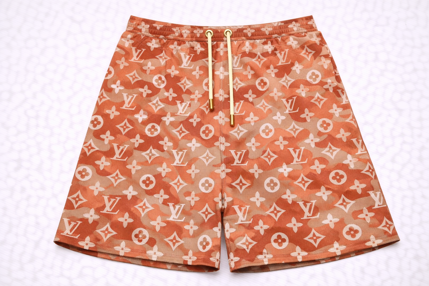 ASYLUM CO. MONOGRAM SALMON BAPE CAMO SATIN MESH SHORTS