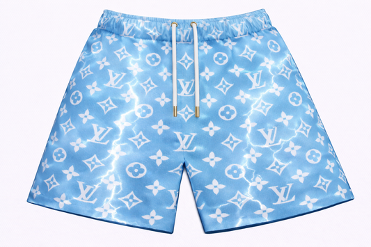 ASYLUM CO. LV MONOGRAM SKY BLUE STORM SATIN MESH SHORTS