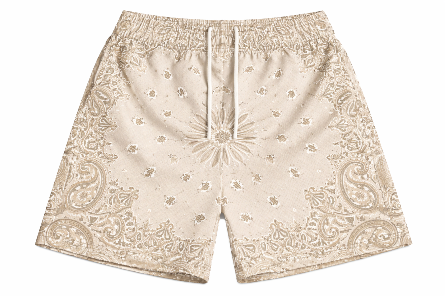 ASYLUM CO. CREAM PAISLEY BANDANA SATIN MESH SHORTS
