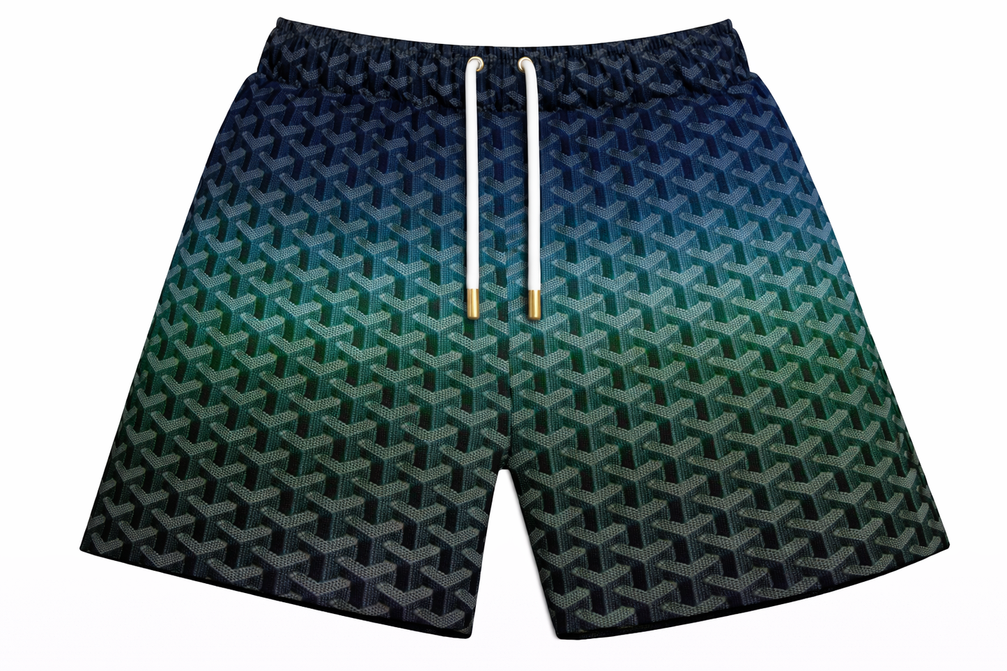 ASYLUM CO. GOYARD GRADIENT TEAL/GREEN SATIN MESH SHORTS