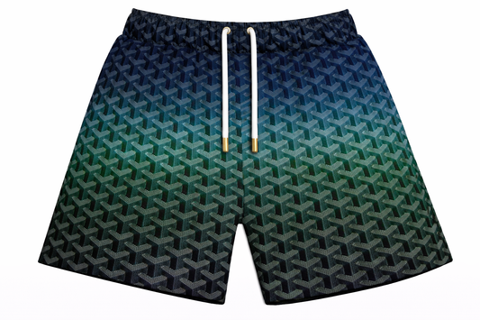 ASYLUM CO. GOYARD GRADIENT TEAL/GREEN SATIN MESH SHORTS