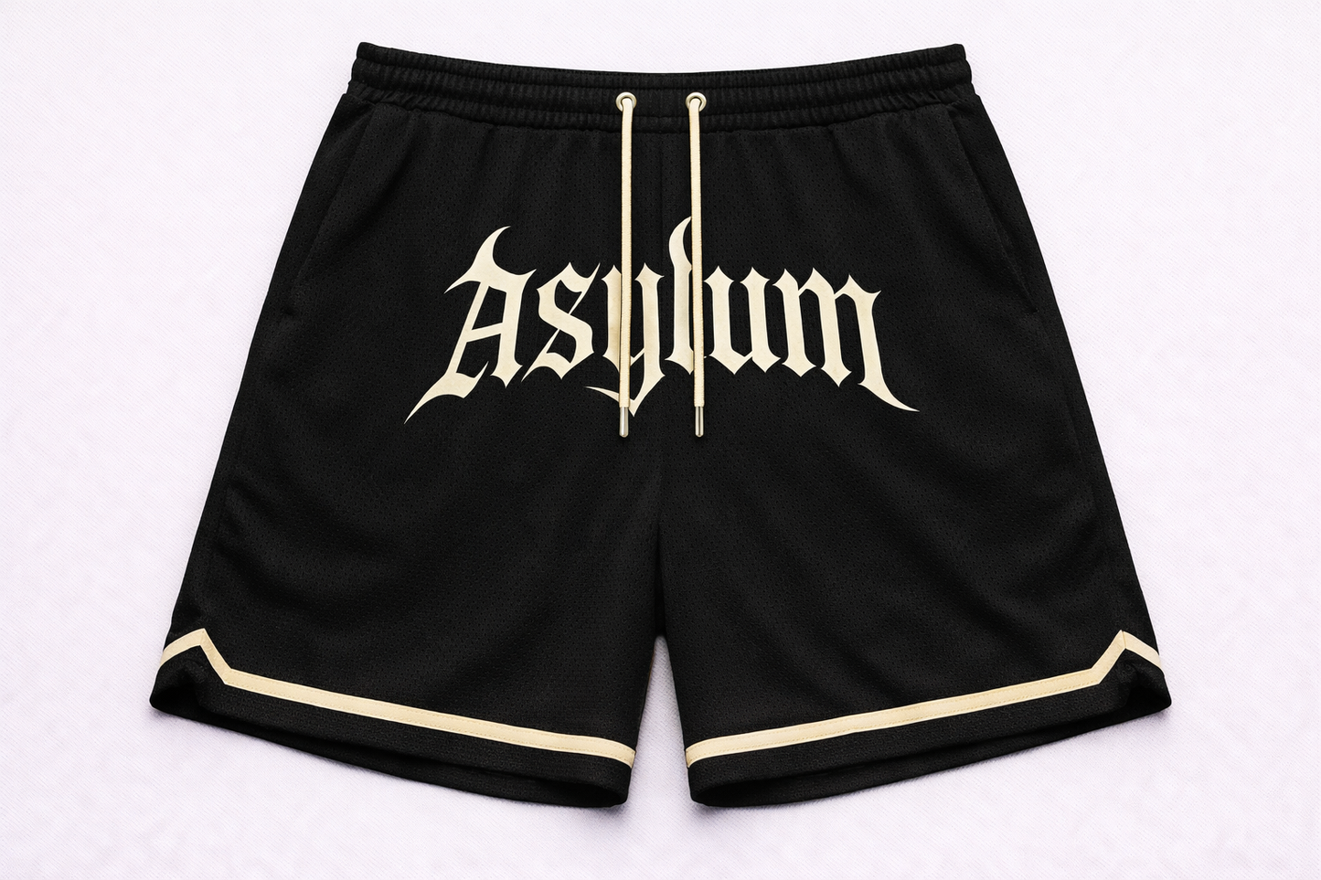 ASYLUM CO. ARCH LOGO STAPLE SATIN MESH SHORTS