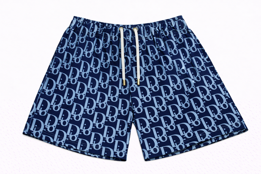 ASYLUM CO. OBLIQUE MONOGRAM DEEP BLUE SATIN MESH SHORTS