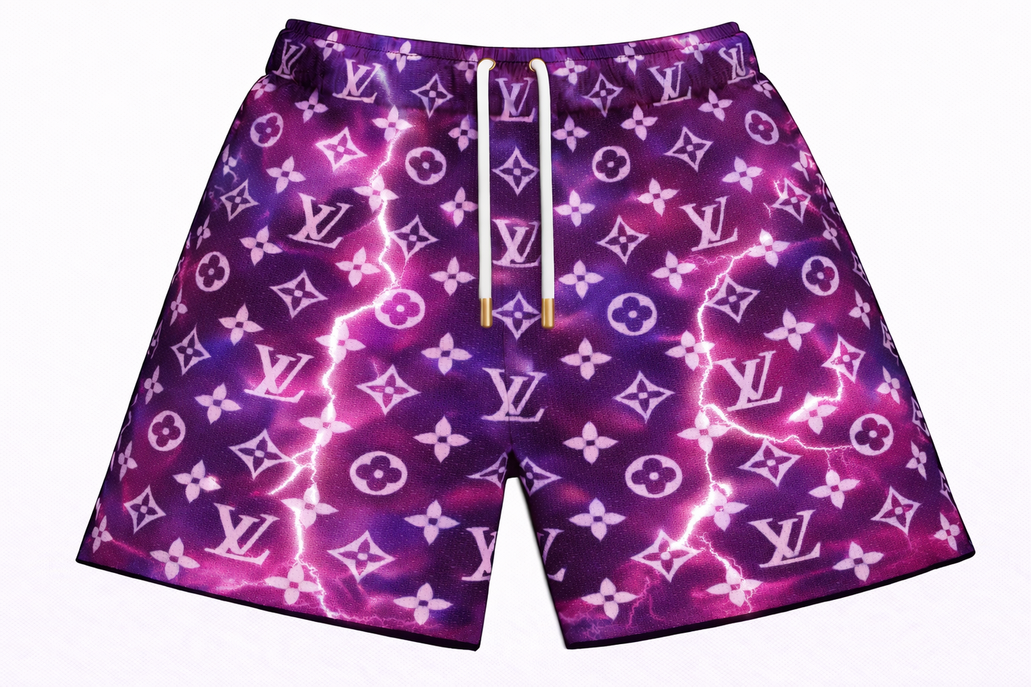 ASYLUM CO. LV MONOGRAM PURPLE STORM SATIN MESH SHORTS