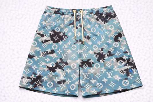 ASYLUM CO. MONOGRAM SKY BLUE BAPE CAMO SATIN MESH SHORTS