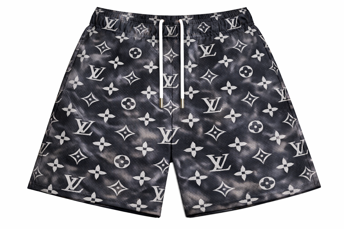 ASYLUM CO. BLACK MILITARY MONOGRAM CAMO SATIN MESH SHORTS