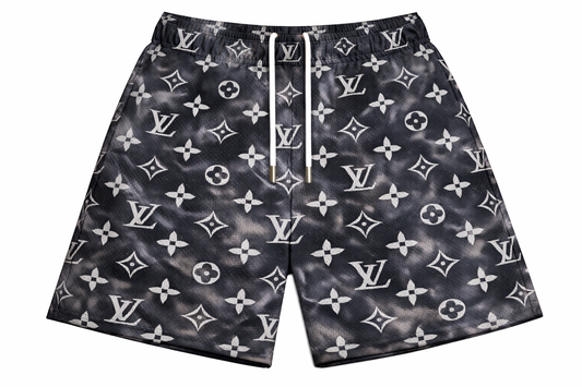 ASYLUM CO. BLACK MILITARY MONOGRAM CAMO SATIN MESH SHORTS
