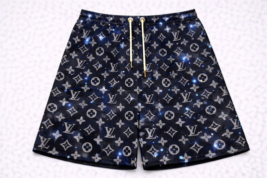 ASYLUM CO. MONOGRAM GALAXY BAPE CAMO SATIN MESH SHORTS