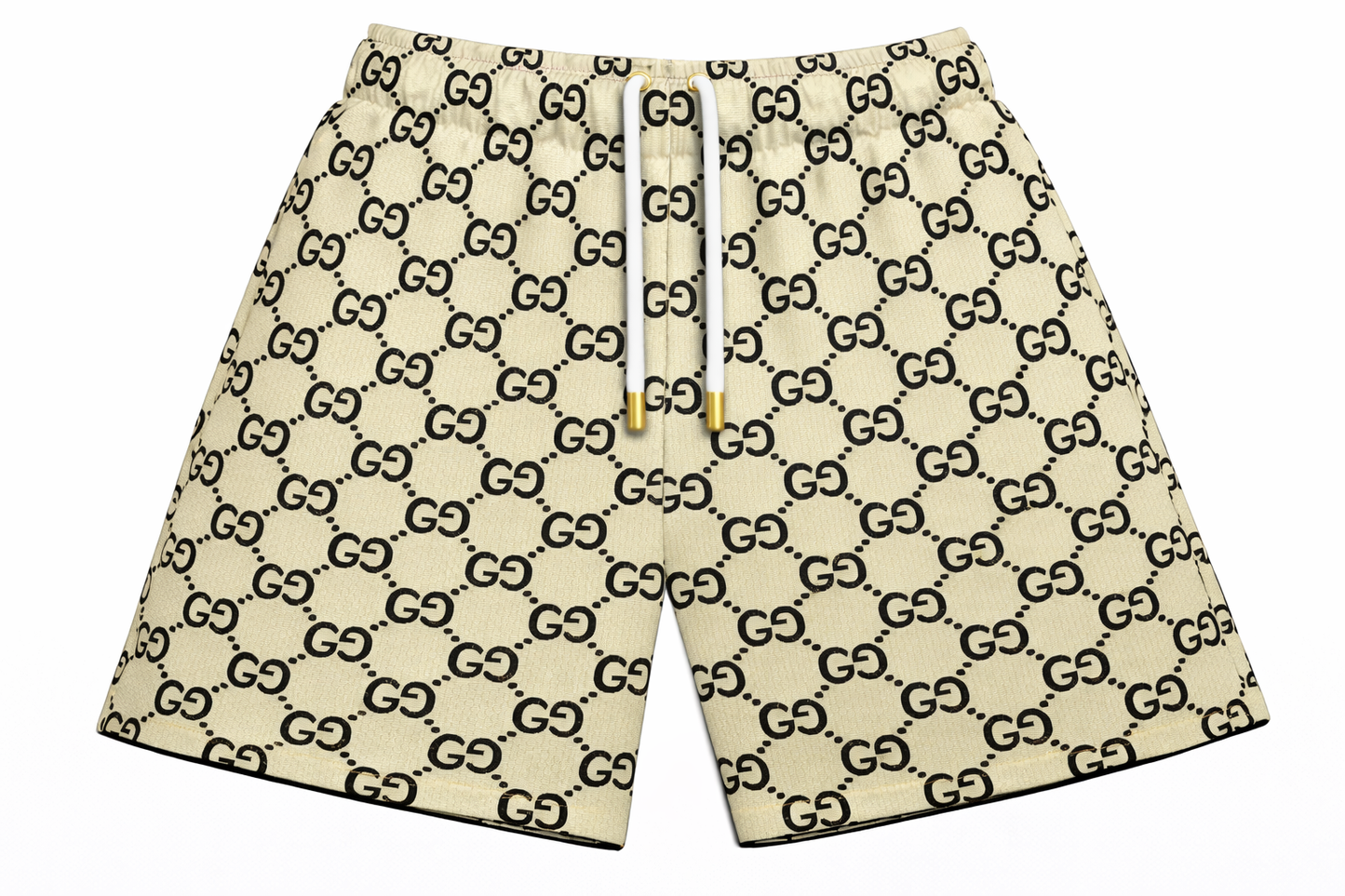 ASYLUM CO. GUCCI MONOGRAM OFF WHITE/BLACK SATIN MESH SHORTS