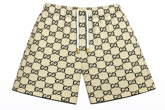 ASYLUM CO. GUCCI MONOGRAM OFF WHITE/BLACK SATIN MESH SHORTS