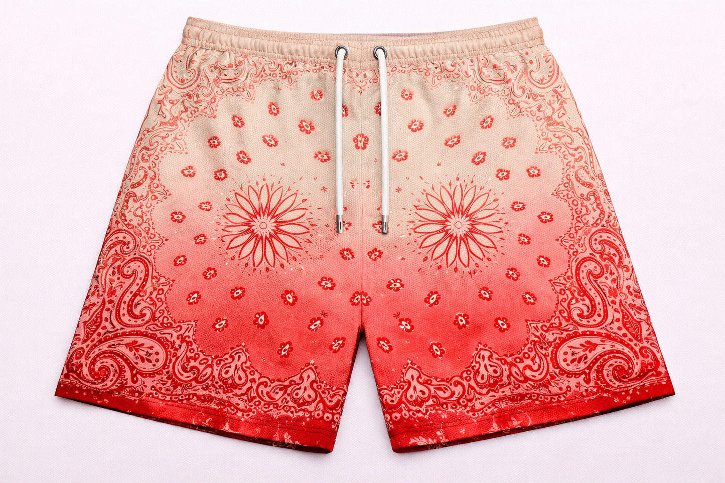 ASYLUM CO. PAISLEY CREAM/RED GRADIENT SATIN MESH SHORTS-