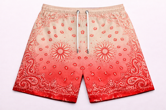 ASYLUM CO. PAISLEY CREAM/RED GRADIENT SATIN MESH SHORTS-