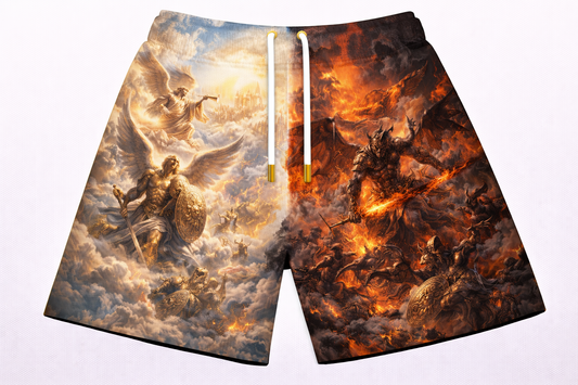 ASYLUM CO. HEAVEN VS HELL MURAL SATIN MESH SHORTS