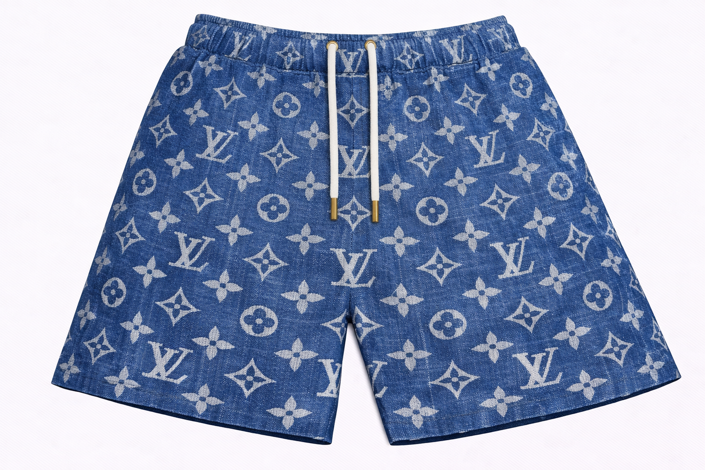 ASYLUM CO. LV MONOGRAM FAUX DENIM SATIN MESH SHORTS