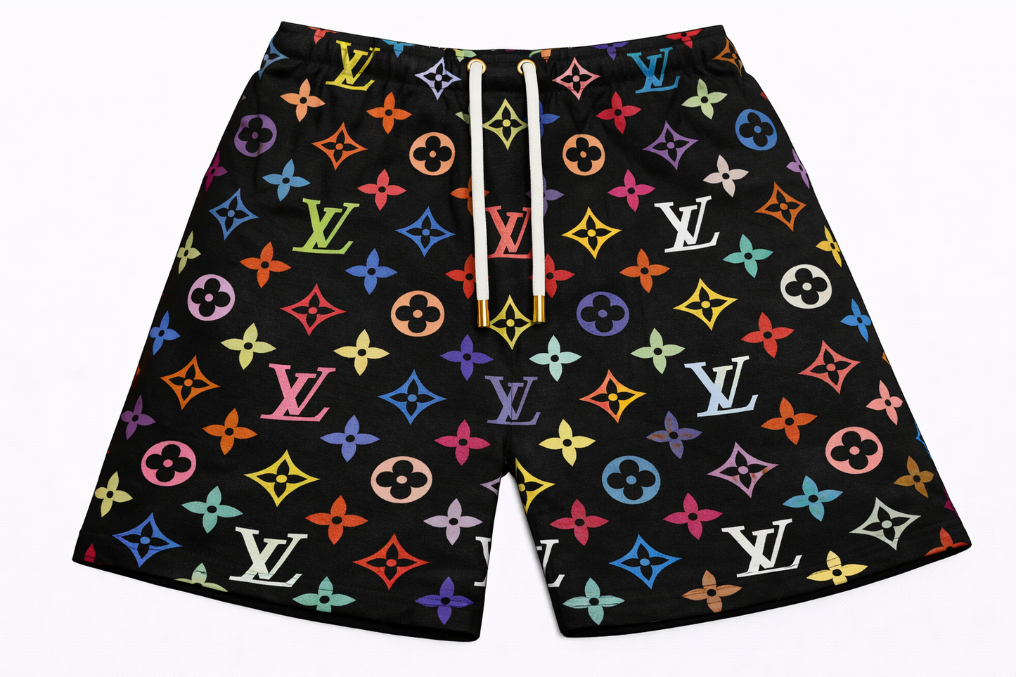 ASYLUM CO. LV MONOGRAM BLACK TAKASHI MURAKAMI SATIN MESH SHORTS