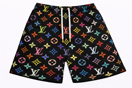 ASYLUM CO. LV MONOGRAM BLACK TAKASHI MURAKAMI SATIN MESH SHORTS