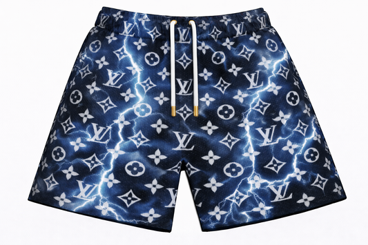 ASYLUM CO. LV STORM DARK BLUE MONOGRAM SATIN MESH SHORTS