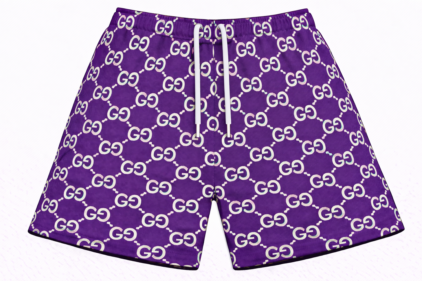 ASYLUM CO. GUCCI MONOGRAM PURPLE/WHITE SATIN MESH SHORTS