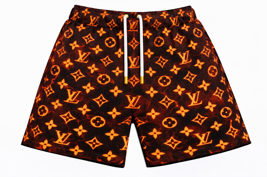 ASYLUM CO. LV MAGMA MONOGRAM SATIN MESH SHORTS