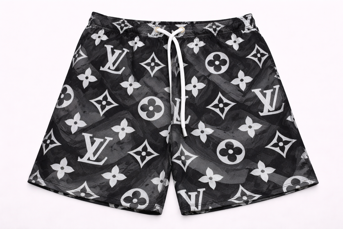 ASYLUM CO. LV MONOGRAM COLLAGE SATIN MESH SHORTS