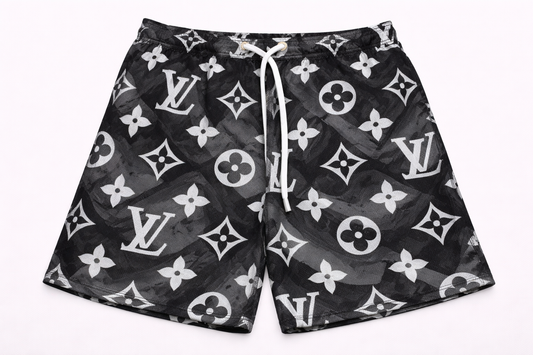 ASYLUM CO. LV MONOGRAM COLLAGE SATIN MESH SHORTS