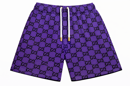 ASYLUM CO. GUCCI MONOGRAM PURPLE/BLACK SATIN MESH SHORTS