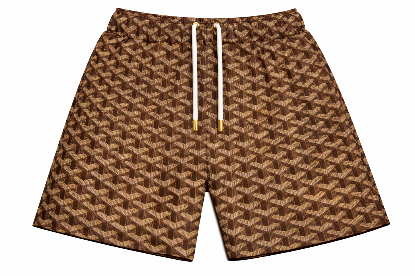ASYLUM CO. BROWN GOYARD SATIN MESH SHORTS
