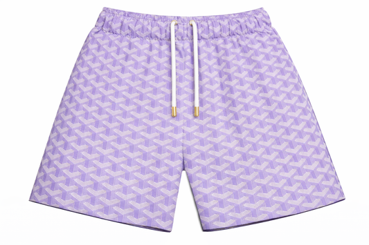 ASYLUM CO. LAVENDER GOYARD SATIN MESH SHORTS