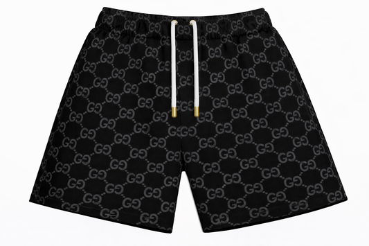 ASYLUM CO. GUCCI MONOGRAM BLACK/BLACK SATIN MESH SHORTS