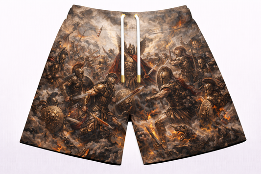 ASYLUM CO. MEDIEVAL WARFARE MURAL SATIN MESH SHORTS