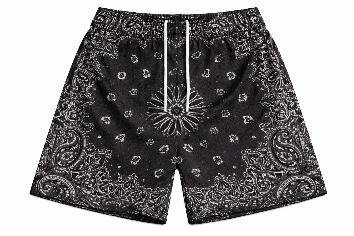ASYLUM CO. BLACK PAISLEY BANDANA SATIN MESH SHORTS