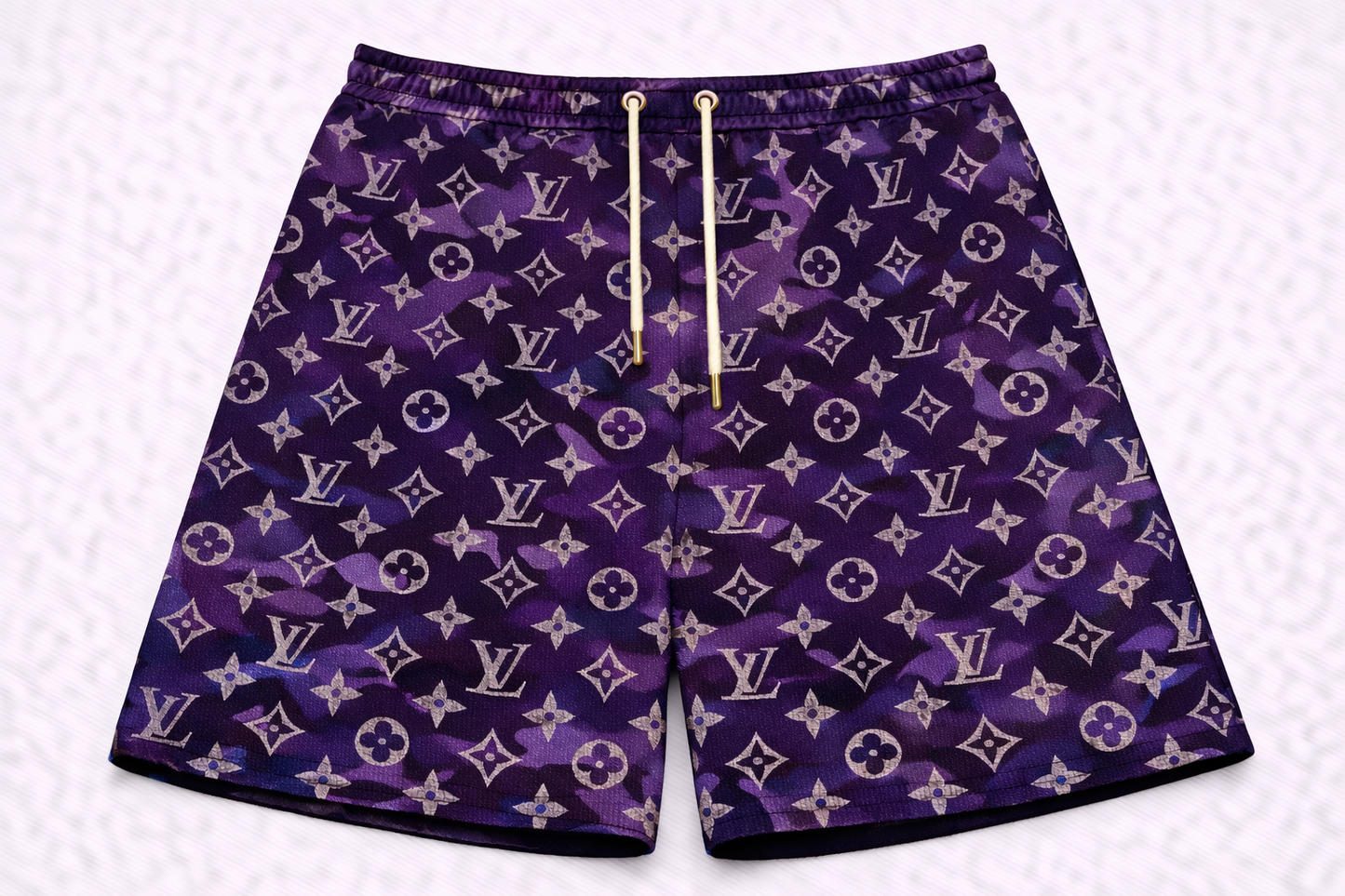 ASYLUM CO. MONOGRAM PURPLE BAPE CAMO SATIN MESH SHORTS